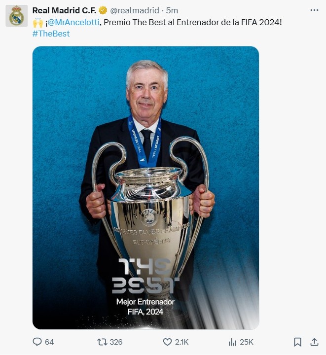 皇馬官方：恭喜安切洛蒂獲得2024年FIFA最佳教練獎！